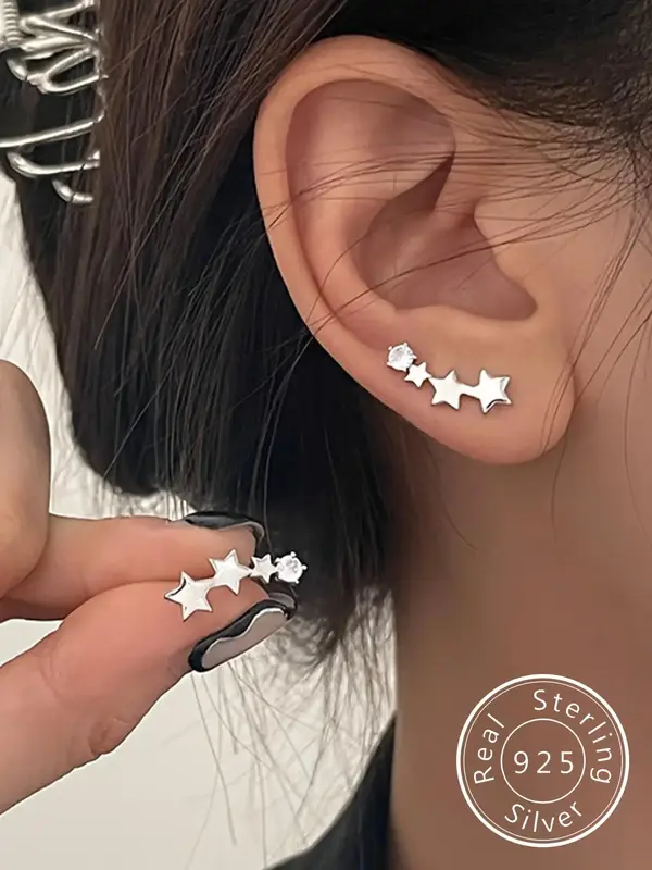 S925 Sterling Silver Stars Design Pretty Studs Earrings, High Quality Earrings, Gifts for Girlfriend, Gifts for Her, Fashiona...