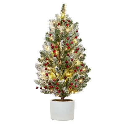 Garvee 2 ft Mini Pre-Lit Frosted Christmas Tree, Tabletop Xmas Tree with 50 Led Lights, Red Fruits, Ceramic Base, Small Light...