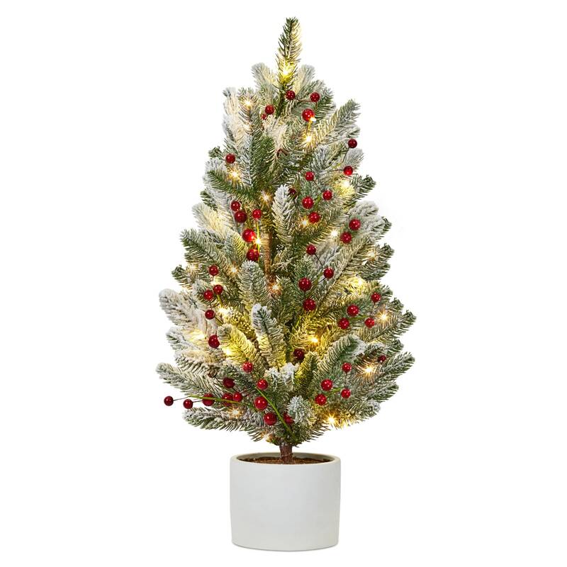 Garvee 2 ft Mini Pre-Lit Frosted Christmas Tree, Tabletop Xmas Tree with 50 Led Lights, Red Fruits, Ceramic Base, Small Light...