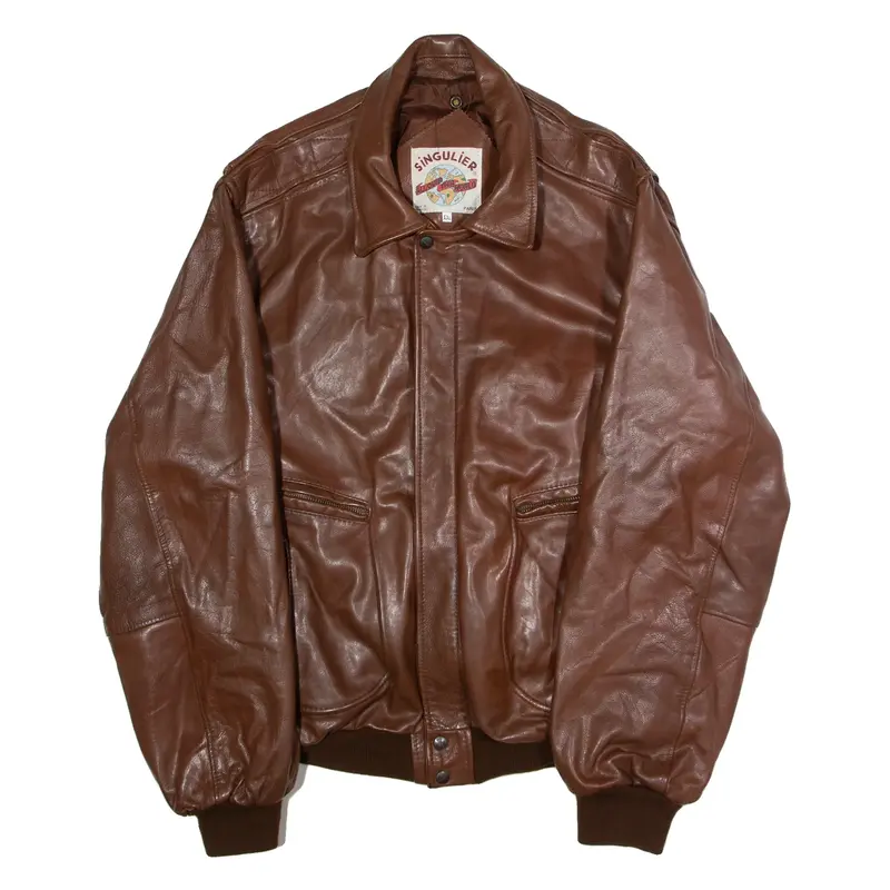 SINGULIER Mens Flight Jacket Brown Leather 90s 2XL