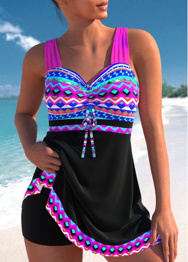 Modlily Bowknot African Tribal Print Neon Rose Red Tankini Set - S