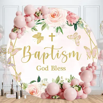 Aperturee Floral Butterfly God Bless Circle Baptism Backdrop | Round Backdrop Cover | Custom Round Birthday Backdrop | Circle...