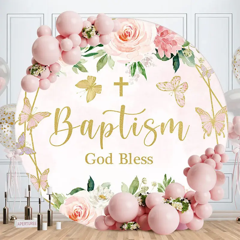 Aperturee Floral Butterfly God Bless Circle Baptism Backdrop | Round Backdrop Cover | Custom Round Birthday Backdrop | Circle...