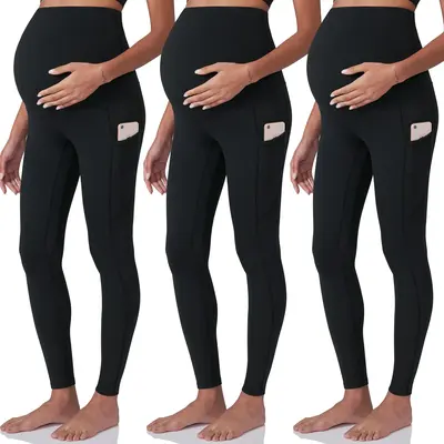 POSHDIVAH 3 Pack Women's Maternity Workout Leggings Over The Belly Pregnancy Yoga Pants with Pockets