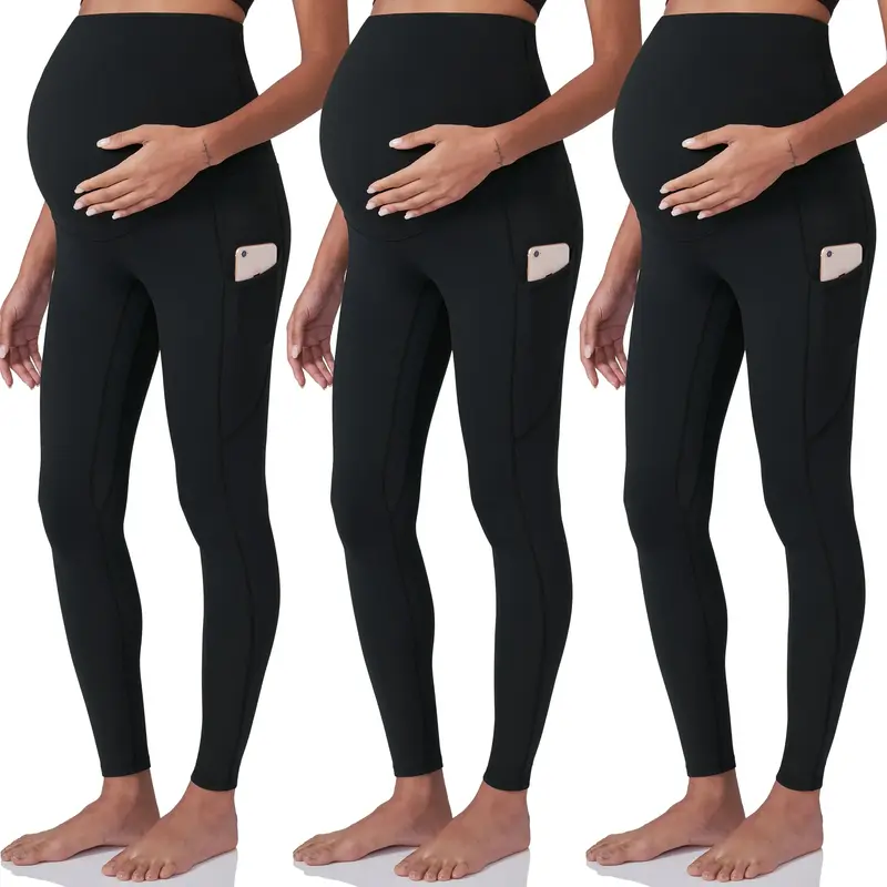 POSHDIVAH 3 Pack Women's Maternity Workout Leggings Over The Belly Pregnancy Yoga Pants with Pockets
