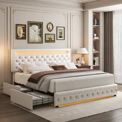GEGOFORU Queen Size LED Lighted Bed Frame with 4 Storage Drawers, DIY Color Smart Control RGBW LED Lights in Headboard & Foot...