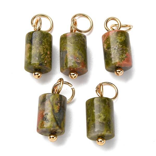 Natural Unakite Column Charms with 304 Stainless Steel Jump Rings