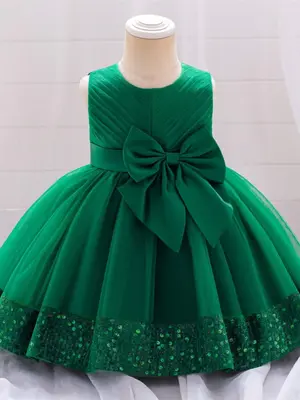 Baby Girl's Contrast Sequin Bow Decor Dress, Cute Round Neck Sleeveless Dress for Christmas Party Holiday Wedding Guest, Infa...