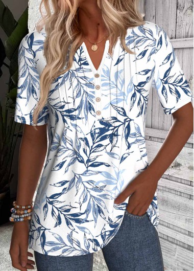 Modlily White Tummy Coverage Leaf Print Short Sleeve T Shirt - XL