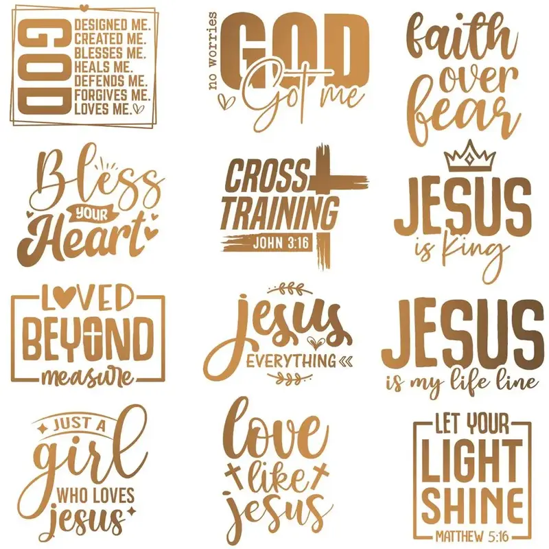 Jesus God Themed Iron-on Heat Transfer Sticker, 12pcs/set Letter Design Heat Press Decal, Faith Heat Transfer for DIY Clothin...
