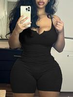 Women's Solid Color / Heart Print Notched Neck Cami Ribbed Romper, Summer Clothes Women, Casual Basic Spaghetti Strap Sleevel...