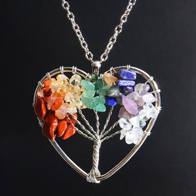 Natural Stone Chip Tree Of Life Chakra Pendant Necklaces