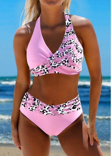 Modlily Surplice Leopard Light Pink Bikini Set - L