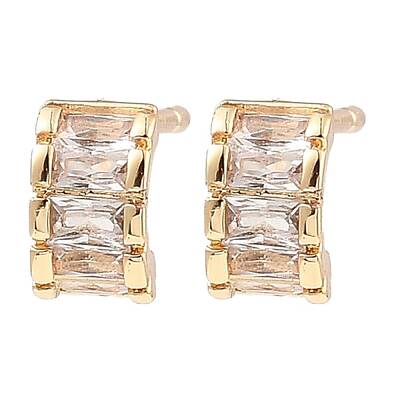 Brass Pave Clear Cubic Zirconia Curved Rectangle Stud Earrings for Women
