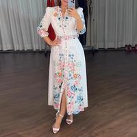 ChicMe Women's Floral Print V Neck Three Quarters Tied Detail Blouse Dress Casual A Line Slim Fit Maxi Dress