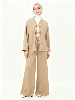 Women's Solid Color Tie Neck Top & Wide Leg Pants Two-piece Set, Casual Drop Shoulder Top & Elastic Waist Trousers 2 Piece Se...