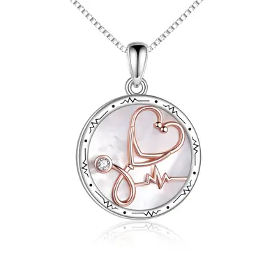 Sterling Silver Two-tone Cubic Zirconia Stethoscope Mother Of Pearl Heart Pendant Necklace