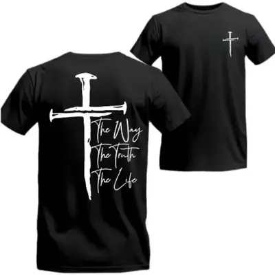 The Way, The Truth, The Life T-Shirt - Bold Cross Design with Inspirational Scripture, Relaxed Fit, Short Sleeve, Machine Was...