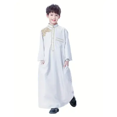 Boys' Long Sleeve Embroidered Arab Thobe, Casual Ethnic Style Boys Long Sleeve Clothing Fit