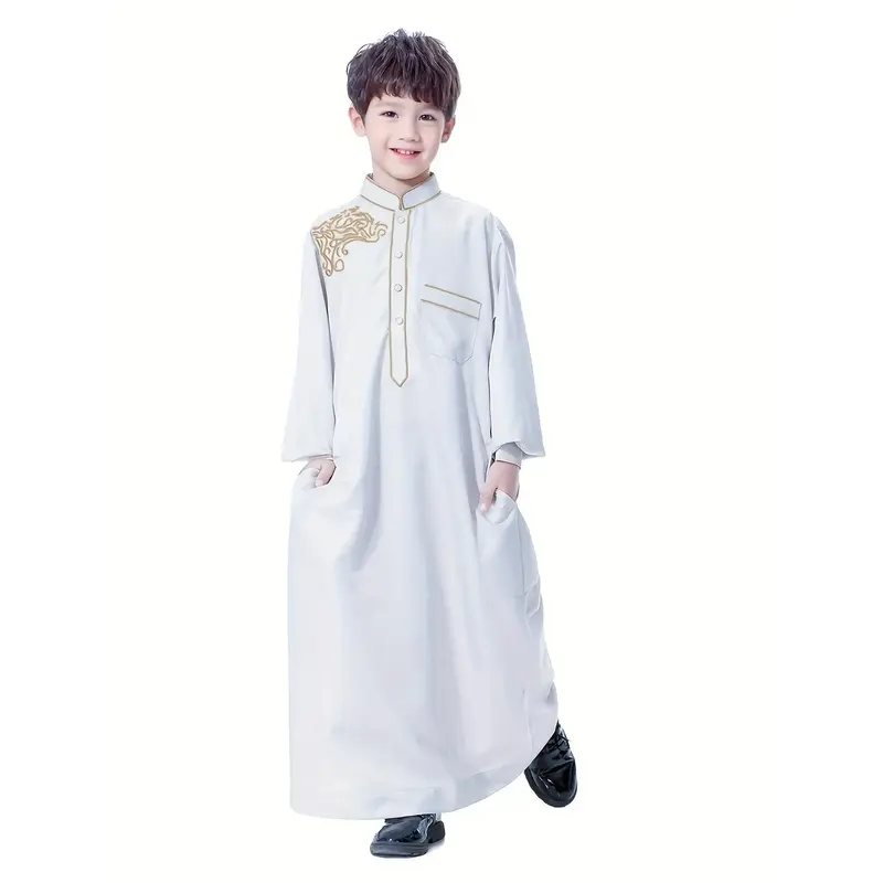 Boys' Long Sleeve Embroidered Arab Thobe, Casual Ethnic Style Boys Long Sleeve Clothing Fit