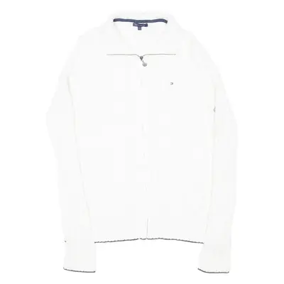 TOMMY HILFIGER Womens Cardigan White High Neck Cable Knit L
