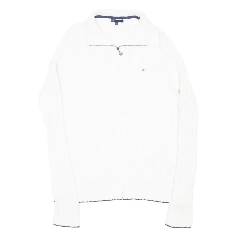 TOMMY HILFIGER Womens Cardigan White High Neck Cable Knit L