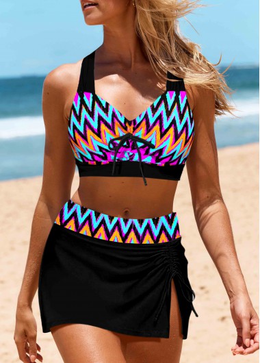 Modlily Bowknot Mid Waisted Chevron Print Black Bikini Set - XL