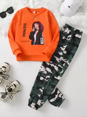 Two-piece Set Girl's Solid Cartoon & Letter Print Sweatshirt & Camo Print Pants Set, Casual Long Sleeve Round Neck Pullover &...