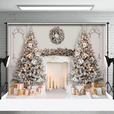 Aperturee Elegant White Wall Fireplace Christmas Tree Backdrop - Aperturee