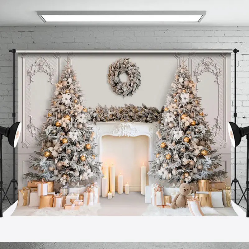 Aperturee Elegant White Wall Fireplace Christmas Tree Backdrop - Aperturee