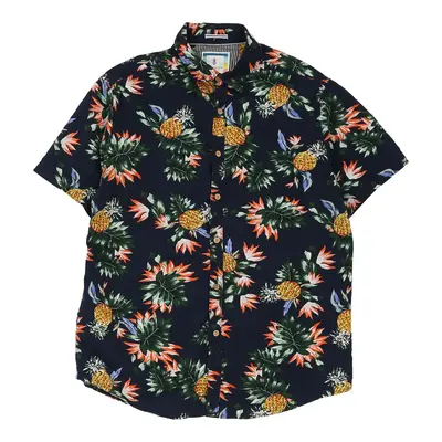 Denim & Flower Hawaiian Shirt - Large Navy Cotton
