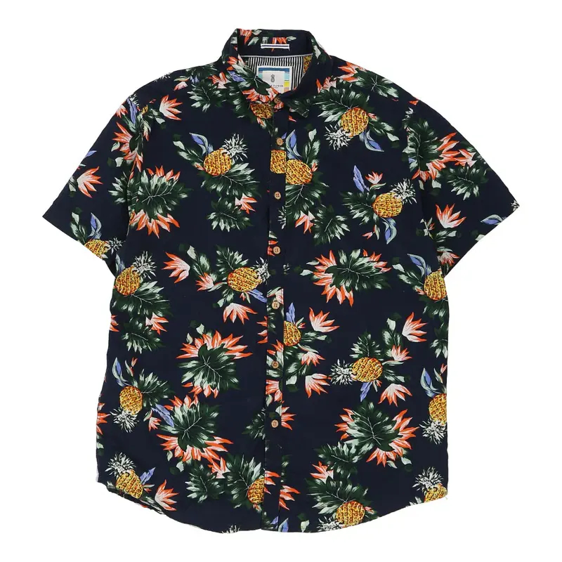 Denim & Flower Hawaiian Shirt - Large Navy Cotton