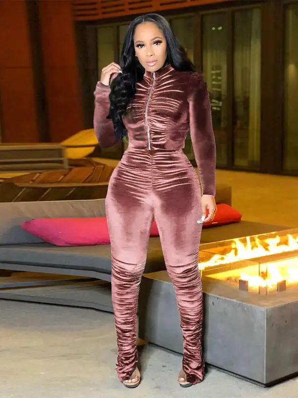 Two-piece Set Women's Solid Velvet Ruched Zip Up Jacket & Pants, Casual Long Sleeve Mock Neck Top & Trousers for Daily Wear, ...