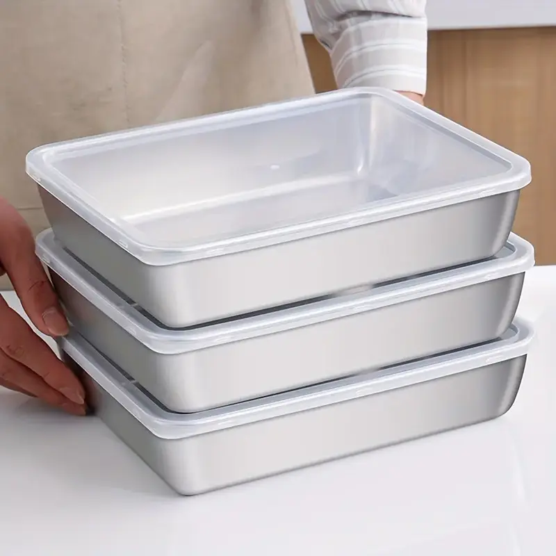 6PCS 3PCS Stainless Steel Fresh-Keeping Box, Lid, Square Plate, Refrigerator Storage Box, Steamed Fish, Grilled Fish Plate, B...