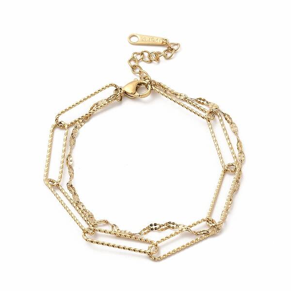 Ion Plating(IP) 304 Stainless Steel Paperclip & Dapped Chains Double Layer Multi-strand Bracelet for Women