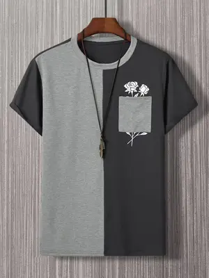 Men's Colorblock Rose Print Pocket Tee, Casual Regular Fit Short Sleeve Round Neck T-Shirt for Summer, Fashion Men's Top for...
