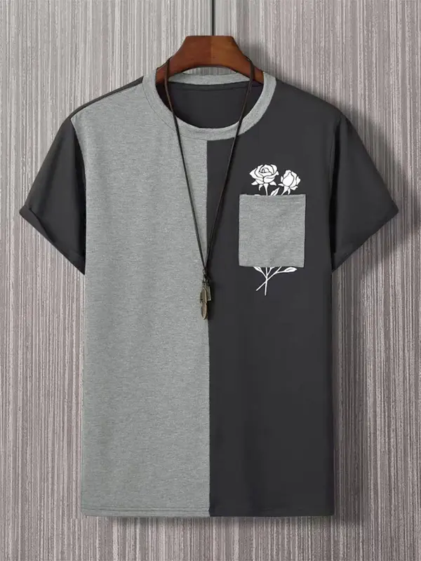 Men's Colorblock Rose Print Pocket Tee, Casual Regular Fit Short Sleeve Round Neck T-Shirt for Summer, Fashion Men's Top for...