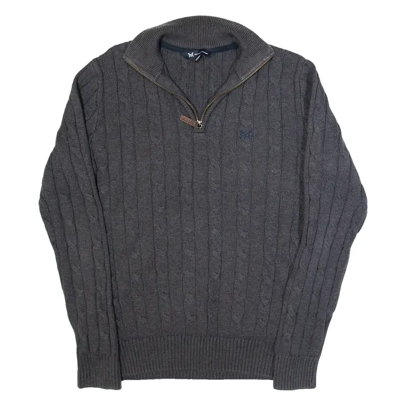 CREW CLOTHING Mens Jumper Grey 1/4 Zip Cable Knit S