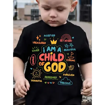 Letter I AM A CHILD OF GOD Letter Print Boys Creative T-shirt, Casual Lightweight Comfy Short Sleeve Tee Tops, Boys Clothes F...