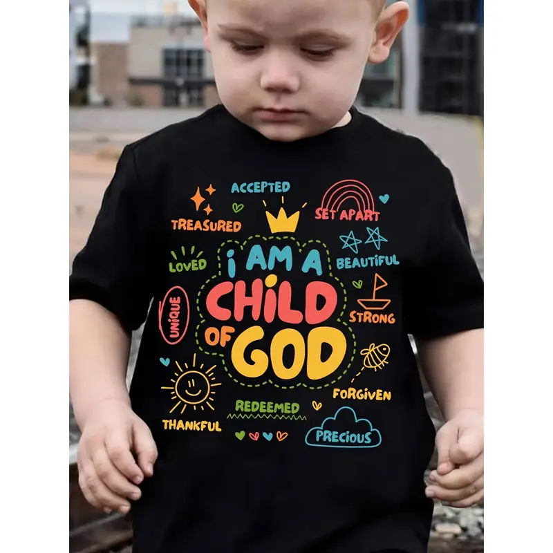 Letter I AM A CHILD OF GOD Letter Print Boys Creative T-shirt, Casual Lightweight Comfy Short Sleeve Tee Tops, Boys Clothes F...