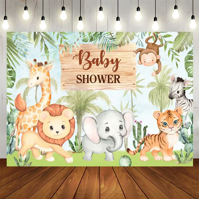 Aperturee Jungle Cute Animals And Green Trees Baby Shower Backdrop