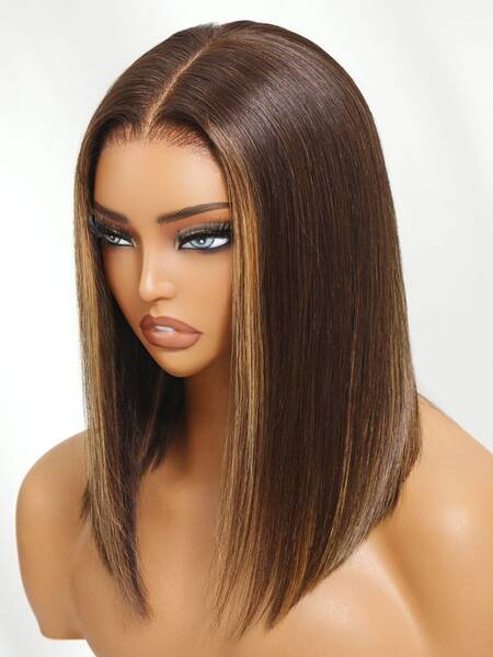Nadula Mocha Brown Highlight Wig 7x5 Bye Bye Knots Pre-Bleached Natural Looking Bob Wig Chocolate Brown with Caramel Highligh...