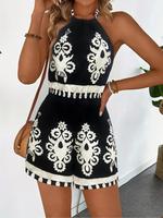 Women's All Over Print Halter Neck Romper, Elegant Boho Fashion Casual Backless Romper for Daily Outdoor Wear, Women Jumpsuit...