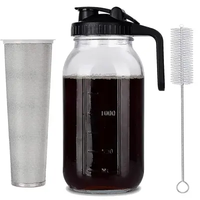 Glass Cold Brew Ice Coffee Maker (64 oz) (2 Quart / 1.9 Liter) with Stainless Steel filter and cleaning brush, leak proof and...