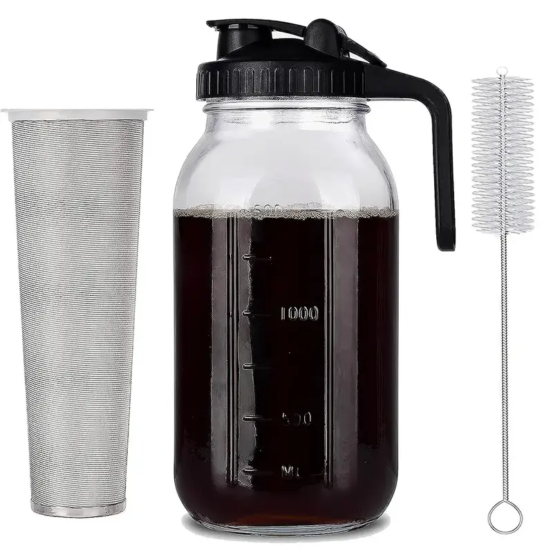 Glass Cold Brew Ice Coffee Maker (64 oz) (2 Quart / 1.9 Liter) with Stainless Steel filter and cleaning brush, leak proof and...