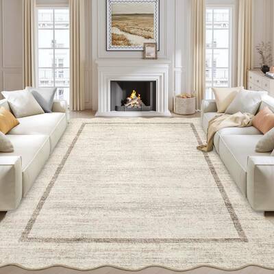 Garvee Scalloped Washable Rug 10x13 Beige Non Slip Low Pile Area Rug for Bedroom Living Room Dining Room