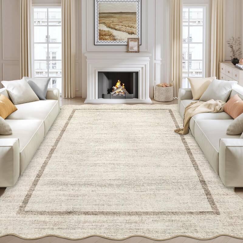 Garvee Scalloped Washable Rug 10x13 Beige Non Slip Low Pile Area Rug for Bedroom Living Room Dining Room