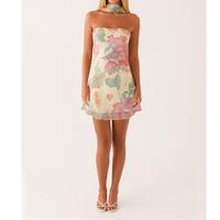 Women Mini Dress with Scarf, Off Shoulder Strapless Backless Flower/SolidFit Summer Tube Dress