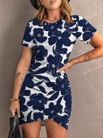 Women's Floral / Leaf Print Round Neck Dress, Casual Short Sleeve Crew Neck Dress for Spring & Fall, Ladies Clothes for Daily...