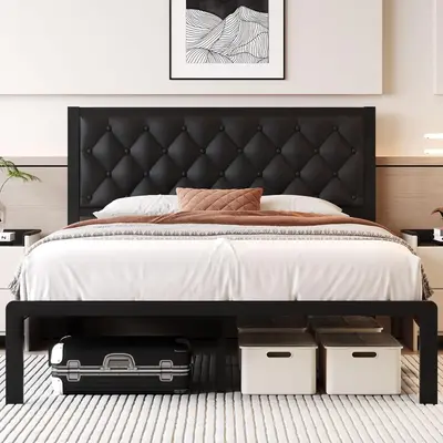 Fluest Queen Bed Frames,Full sizes, with Headboard PU Leather Upholstered Bed Frame,All Metal Slats Support Platform Bed Fram...